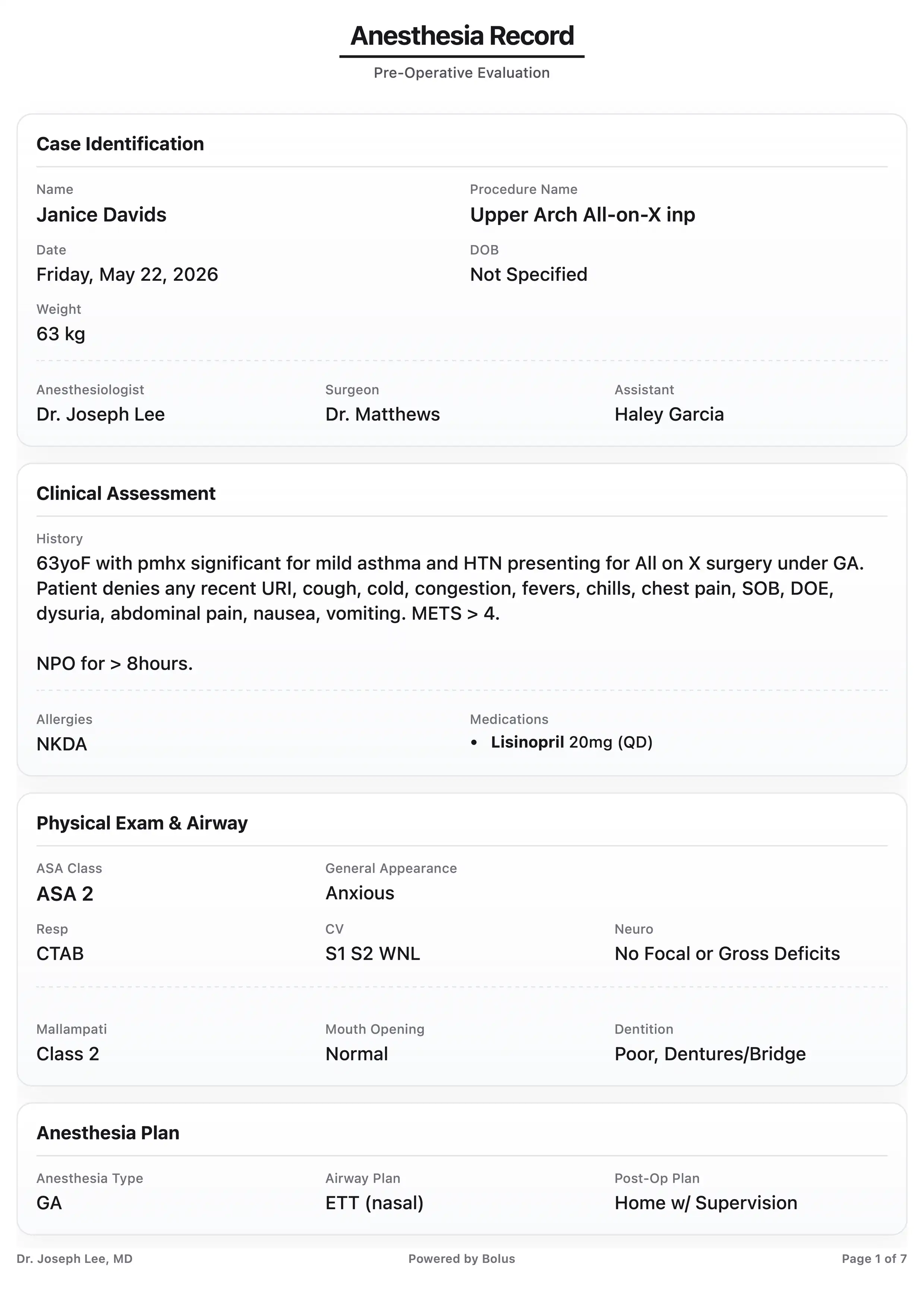 Bolus PDF anesthesia record export - Record page 1